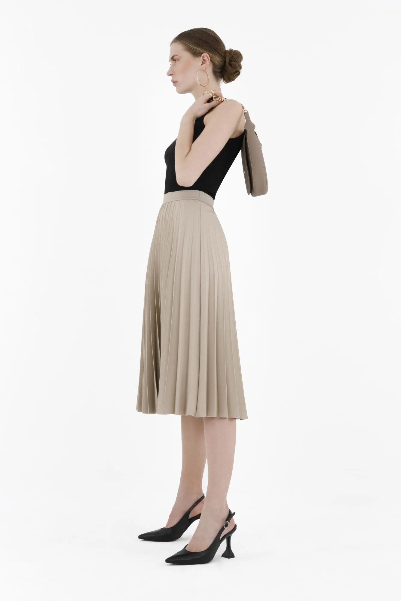 Stone Midi Thin Pleated Below the Knee Skirt