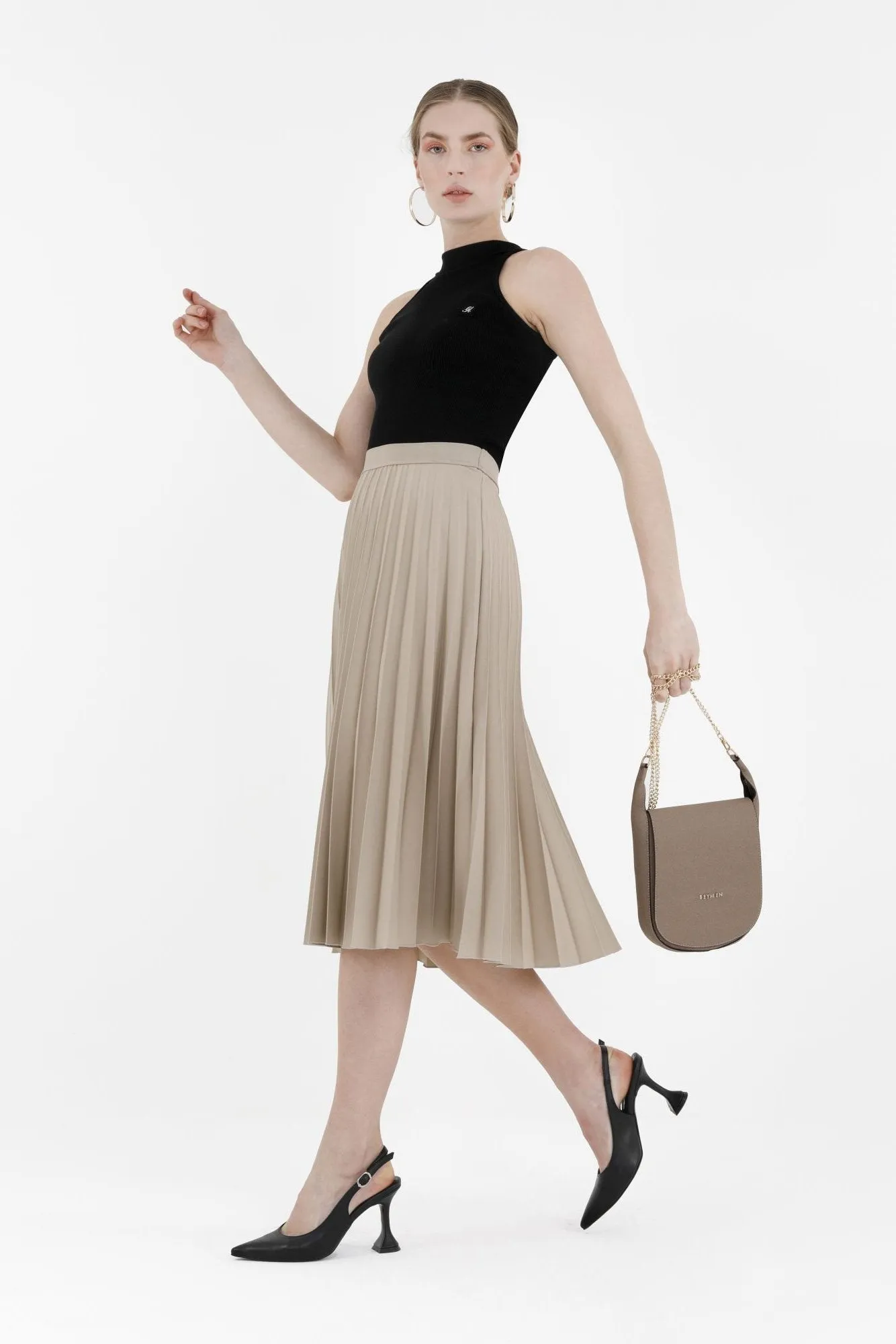 Stone Midi Thin Pleated Below the Knee Skirt