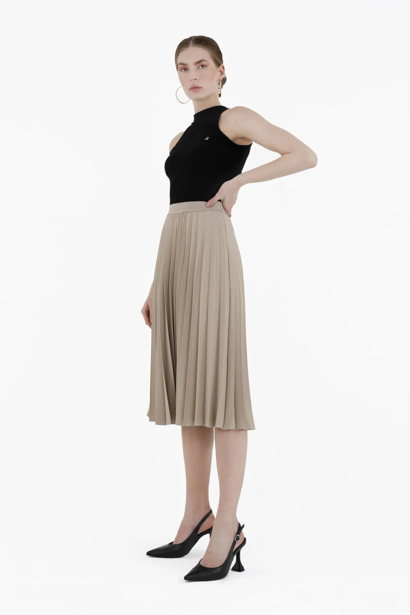 Stone Midi Thin Pleated Below the Knee Skirt