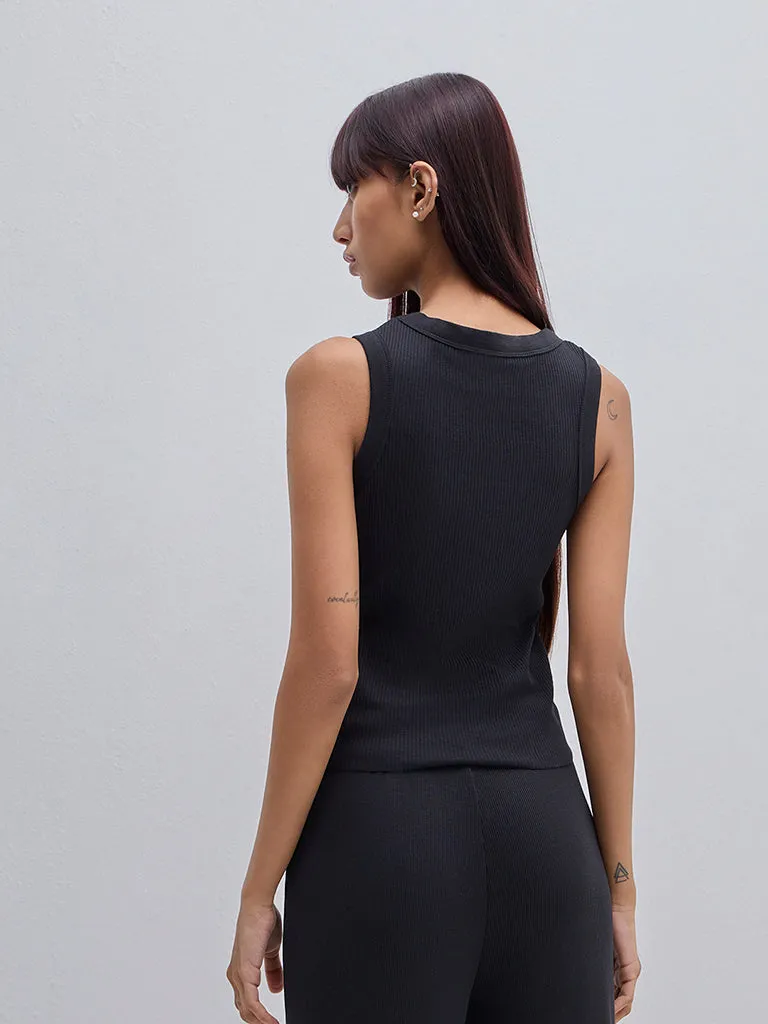 Superstar Black Ribbed Textured Cotton Tank Top