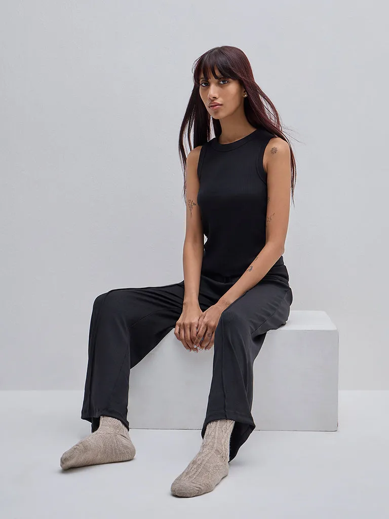 Superstar Black Ribbed Textured Cotton Tank Top