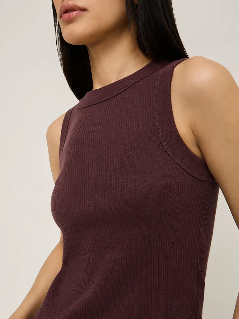 Superstar Wine Ribbed Textured Cotton-Blend Tank Top