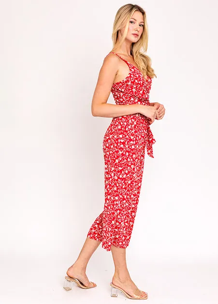 Surplice Top Red Floral Jumpsuit