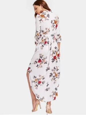TastyHottie - Floral Print High Slit Belted Asymmetric Dress Floral Print High Slit Belted Asymmetric Dress