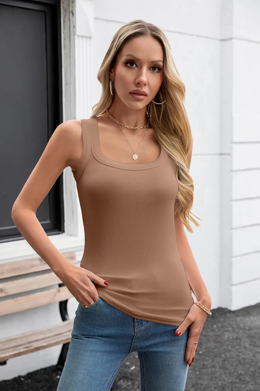 VICHYIE Womens Summer Tank Tops Square Neck Ribbed Knit Slim Fitted Sleeveless Cami T-Shirt Basic Tanks