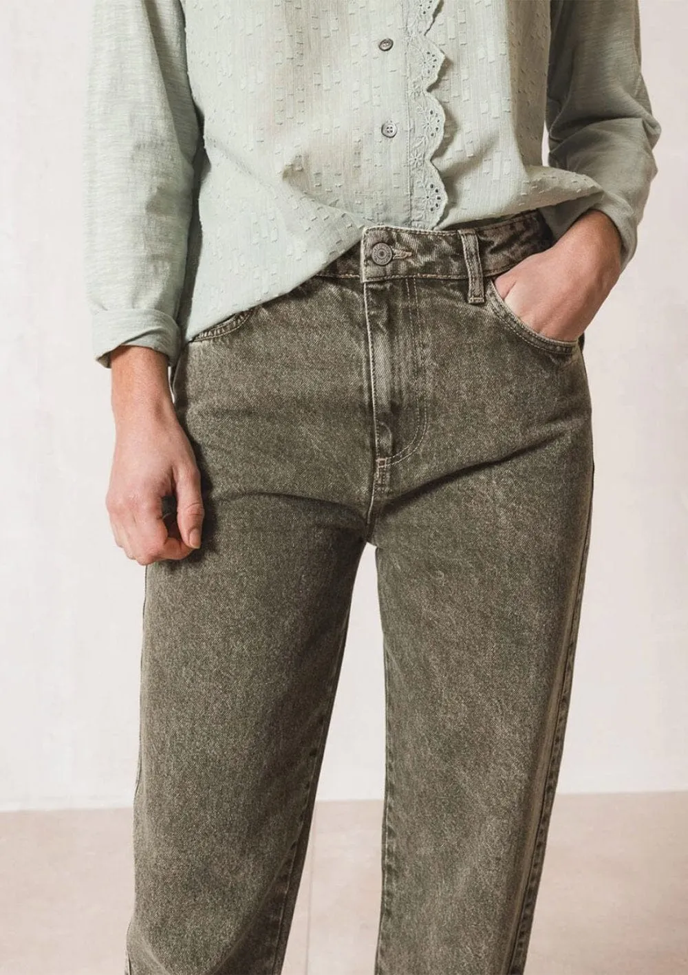 Washed Effect Khaki Jeans | Indi & Cold