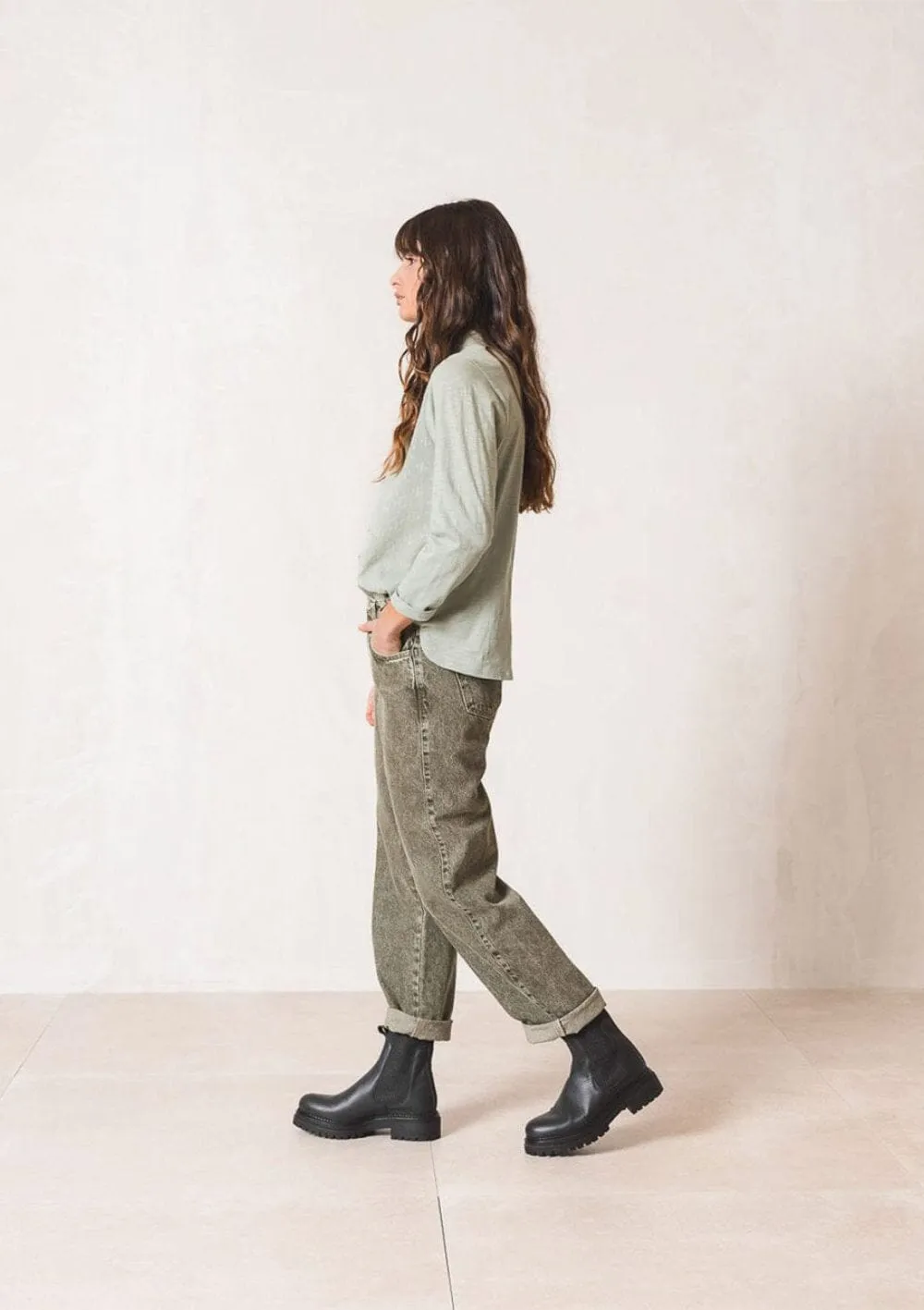 Washed Effect Khaki Jeans | Indi & Cold
