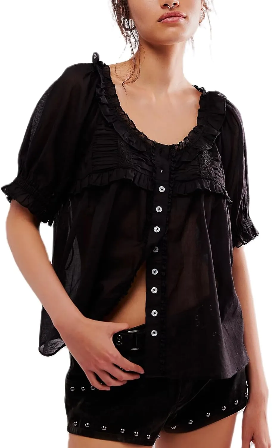 Women Lace Flowy Peplum Tops Boho Bow Tie Front Western Shirts Beach Sheer Ruffle Trim Short Sleeve Peasant Blouse