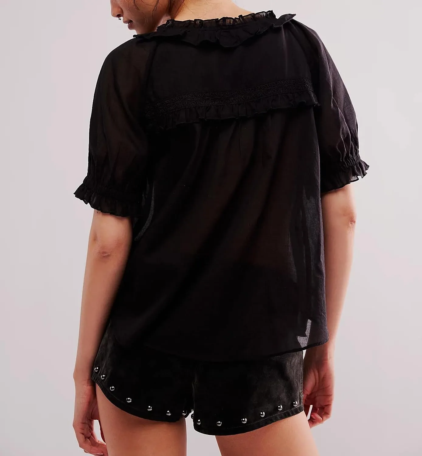 Women Lace Flowy Peplum Tops Boho Bow Tie Front Western Shirts Beach Sheer Ruffle Trim Short Sleeve Peasant Blouse