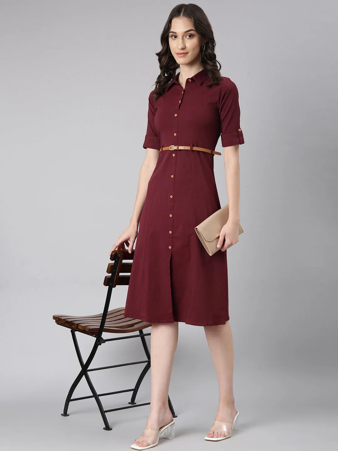 Women Maroon Solid Shirt Dress
