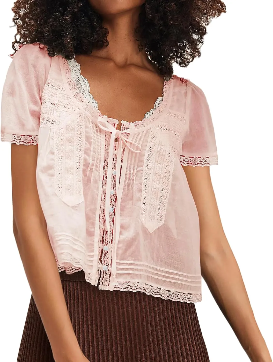 Women Tie Front Lace Trim Top Sheer Short Sleeve Scoop Neck Button Shirt Y2k Ruffle Flowy Boho Crop Tops