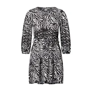 Women's Belted Printed Ruffle Hem Dress,Black/White