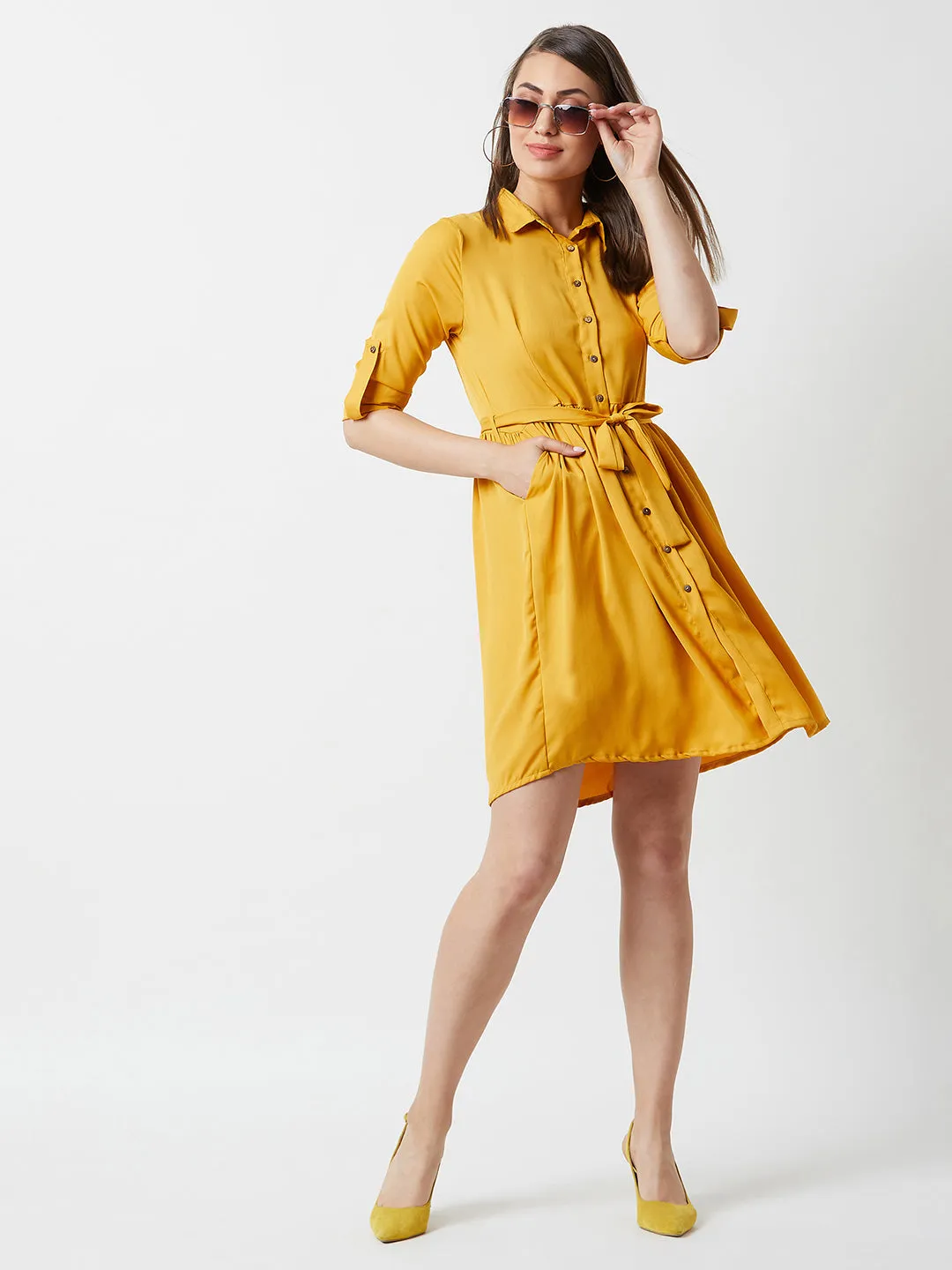 Women's Mustard Collared Round Neck Full Sleeve Solid Belted Buttoned Knee-Long Shirt Dress