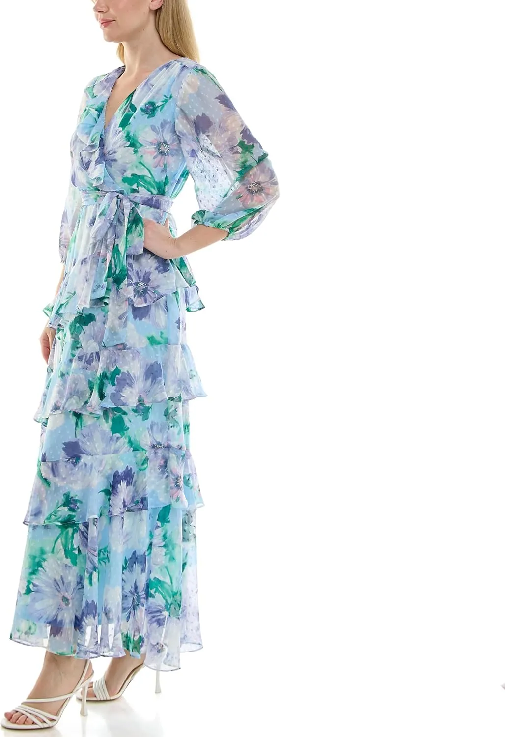 Women's Sheer Long Sleeve V-Neck Floral Tiered Ruffle Wrap Maxi