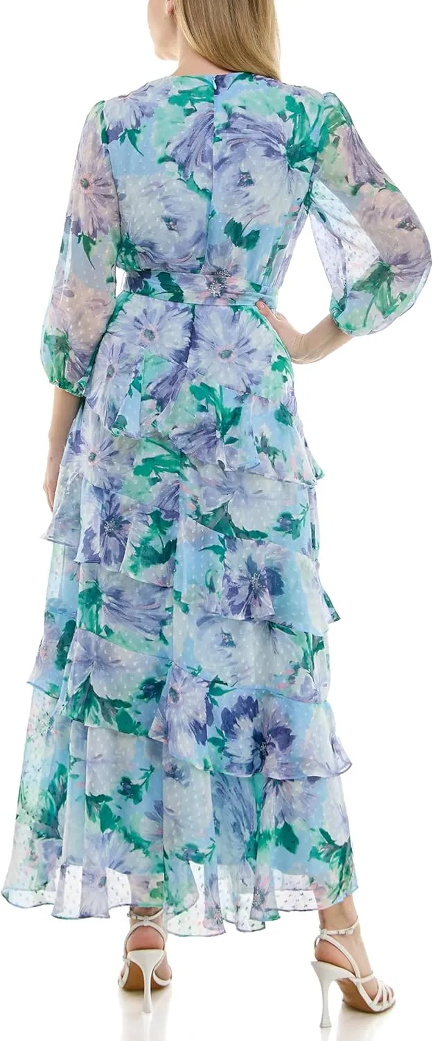 Women's Sheer Long Sleeve V-Neck Floral Tiered Ruffle Wrap Maxi