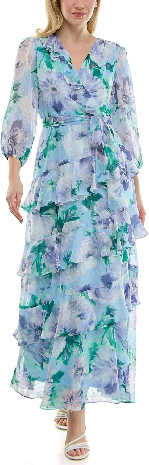 Women's Sheer Long Sleeve V-Neck Floral Tiered Ruffle Wrap Maxi