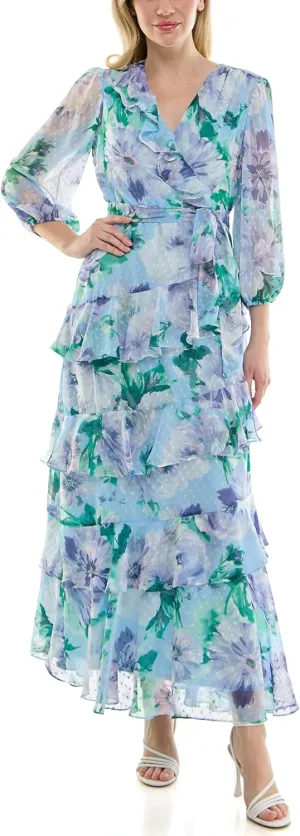 Women's Sheer Long Sleeve V-Neck Floral Tiered Ruffle Wrap Maxi