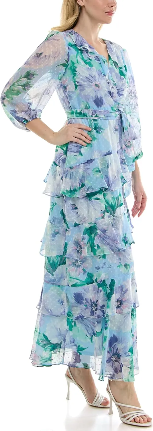 Women's Sheer Long Sleeve V-Neck Floral Tiered Ruffle Wrap Maxi