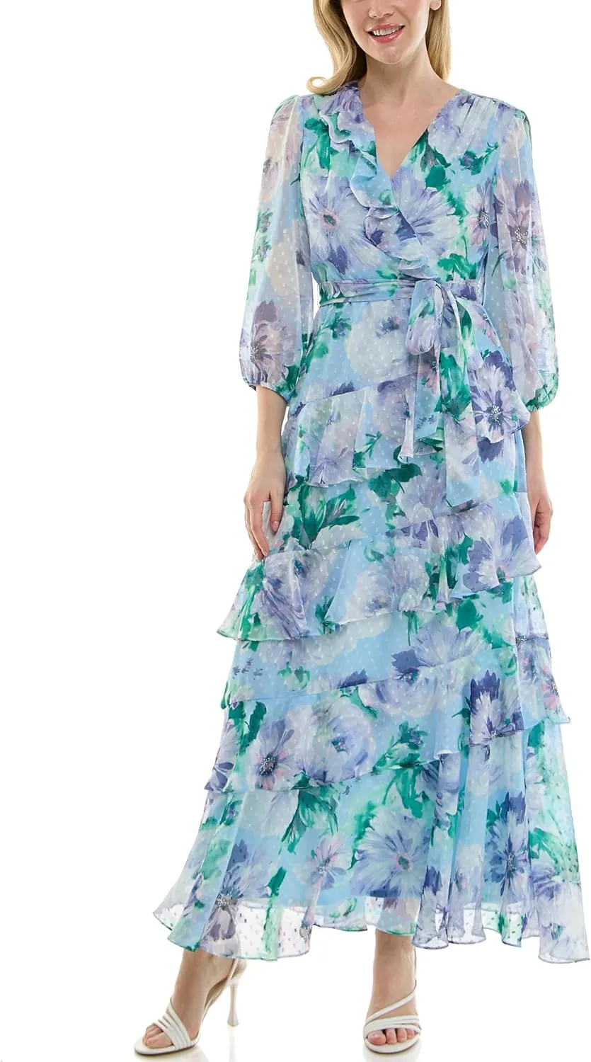 Women's Sheer Long Sleeve V-Neck Floral Tiered Ruffle Wrap Maxi