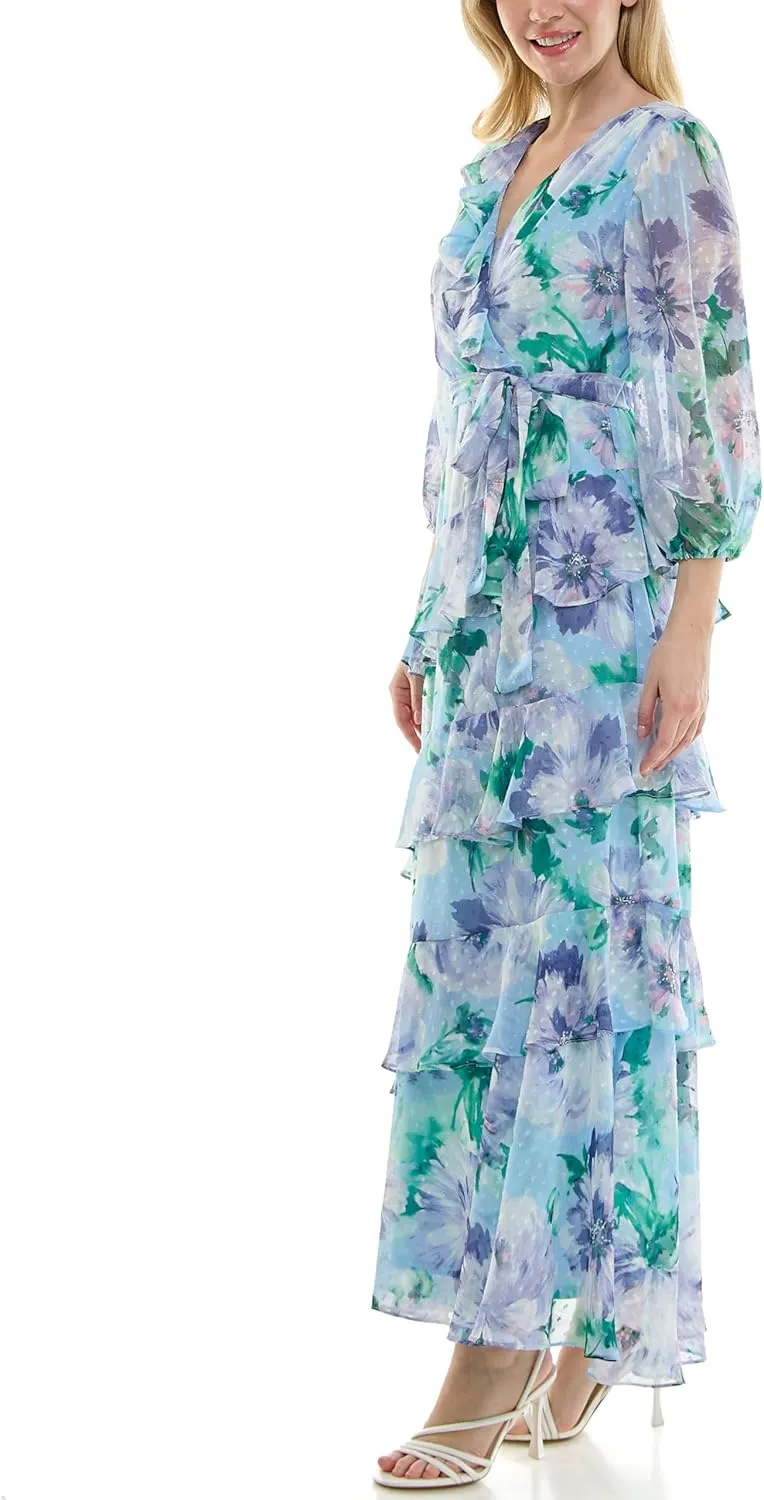 Women's Sheer Long Sleeve V-Neck Floral Tiered Ruffle Wrap Maxi
