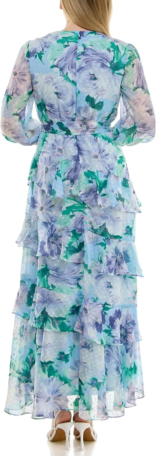 Women's Sheer Long Sleeve V-Neck Floral Tiered Ruffle Wrap Maxi