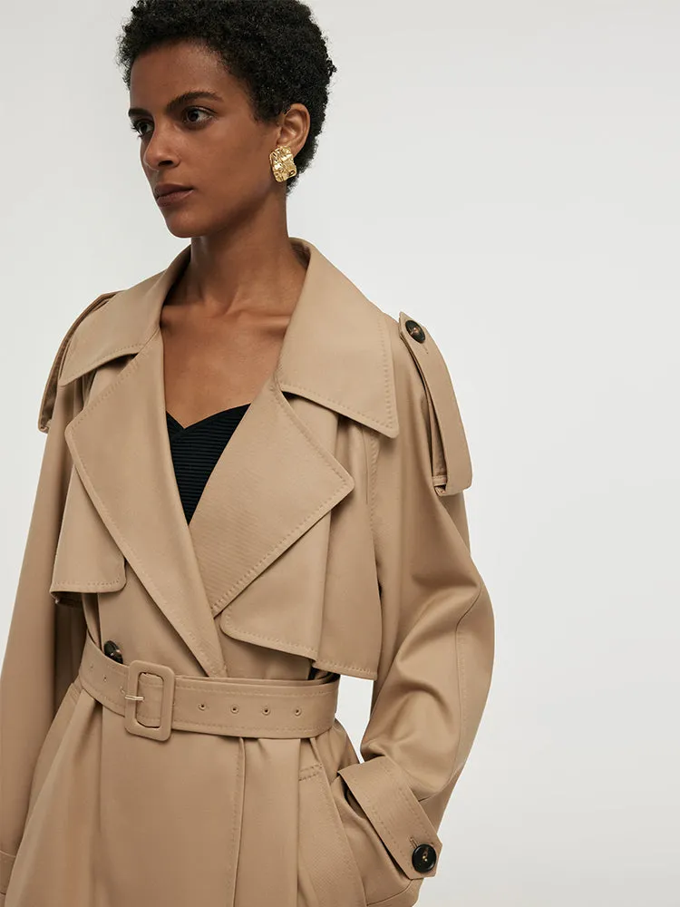 Worsted Wool Women Cropped Trench Coat With Belt